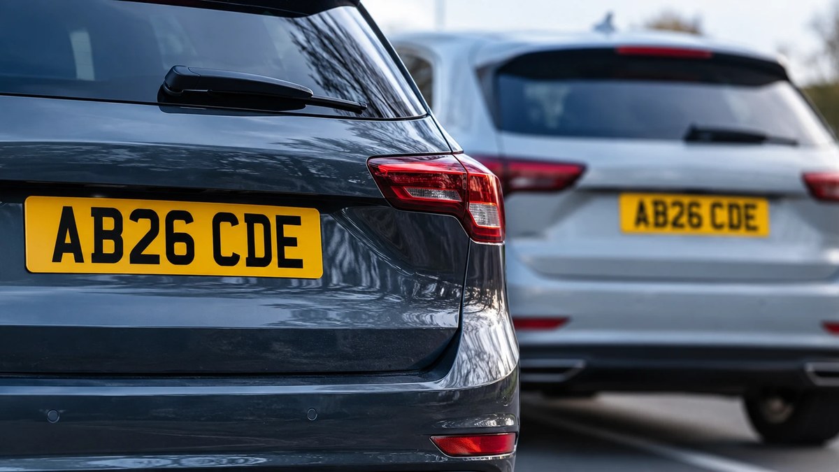 Two cars parked one behind the other, a grey hatchback and a silver estate, both displaying the same yellow rear number plate