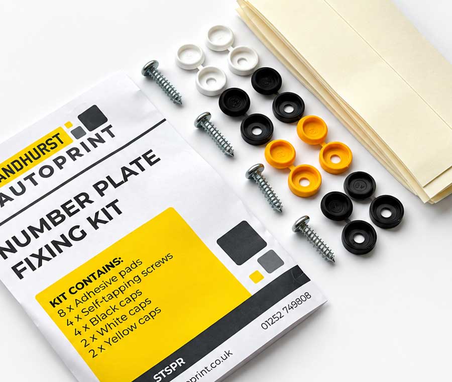 Sandhurst Autoprint number plate fixing kit with screws, caps and pads